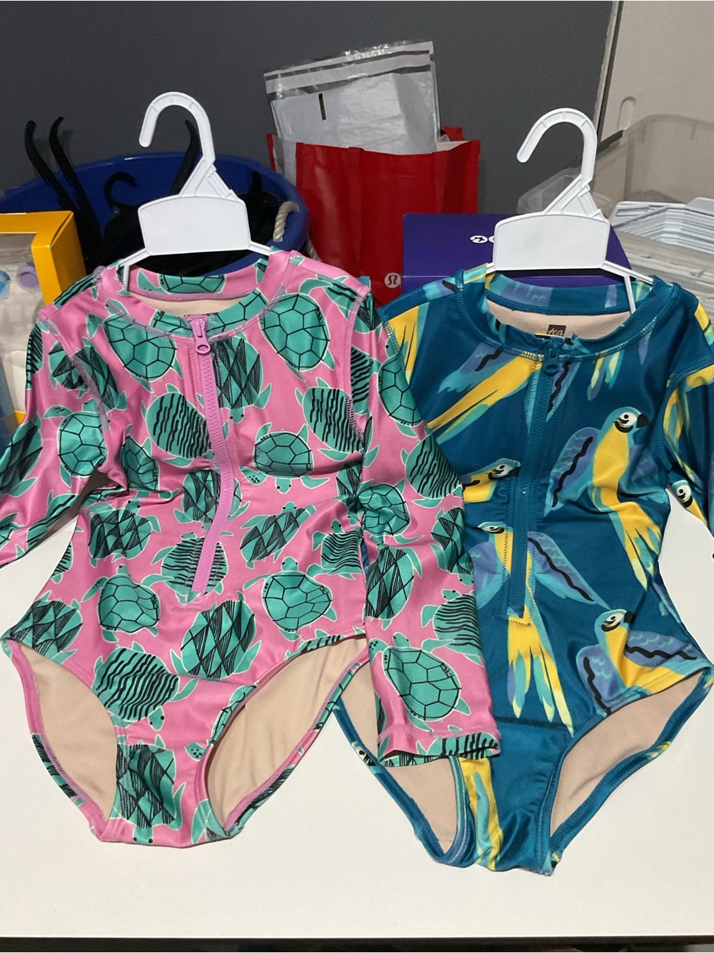 Kids Long Sleeve One-Piece Swimsuit - Pink Turtle Print
Blue parrot swimsuit